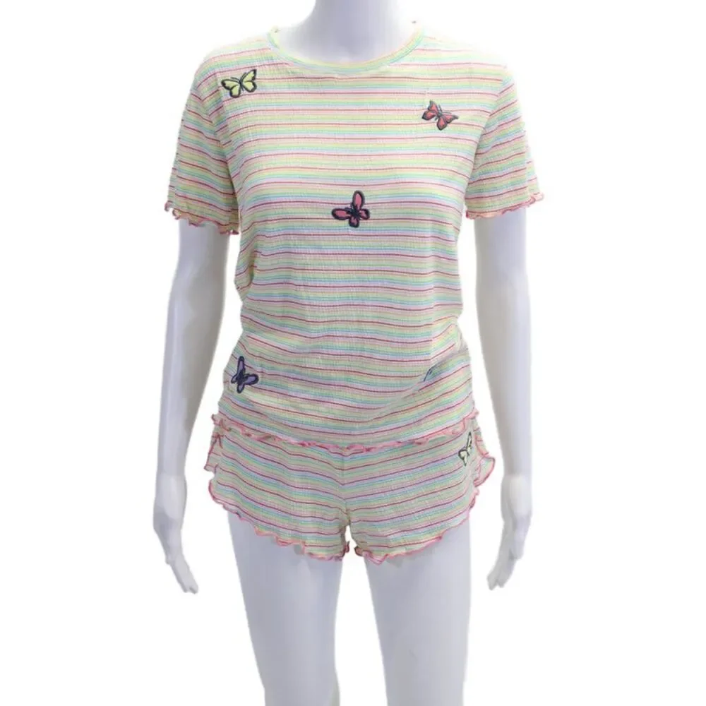 Emerson Road Womens Striped Butterfly Pajama Shirt Shorts Set White Multi XS